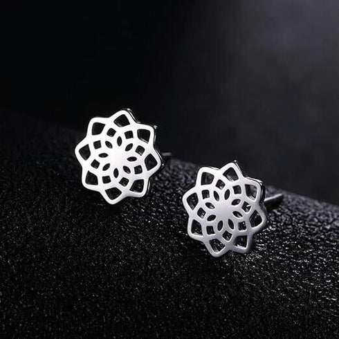 2 Pairs Titanium Steel Black Silver Lotus Mandala Flower Men Women Stud Earrings